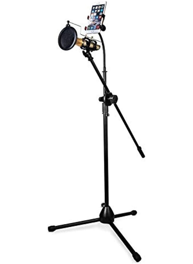 Metal Microphone Floor Stand Tripod Adjustable Height with Boom Arm 1 Mic Holders & 1 Smartphone Holder for Studio Outdoor Cellphone Live Streaming (2 in 1 microphone stand)