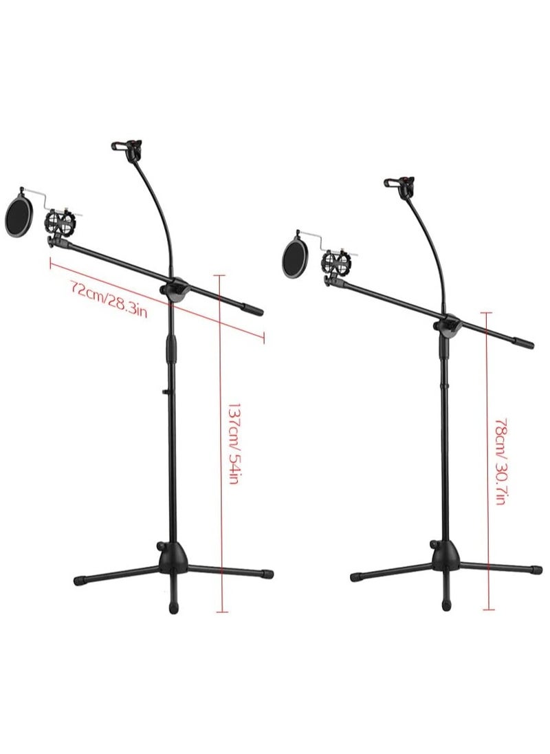 Metal Microphone Floor Stand Tripod Adjustable Height with Boom Arm 1 Mic Holders & 1 Smartphone Holder for Studio Outdoor Cellphone Live Streaming (2 in 1 microphone stand)