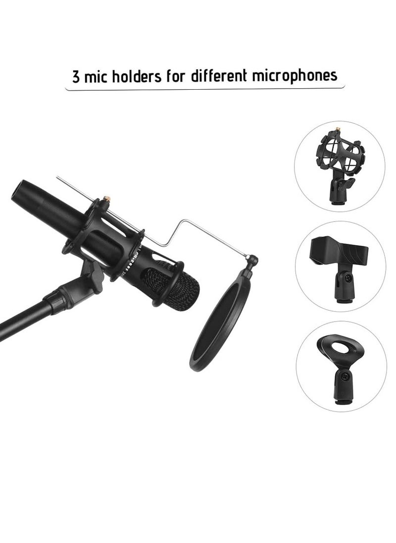 Metal Microphone Floor Stand Tripod Adjustable Height with Boom Arm 1 Mic Holders & 1 Smartphone Holder for Studio Outdoor Cellphone Live Streaming (2 in 1 microphone stand)
