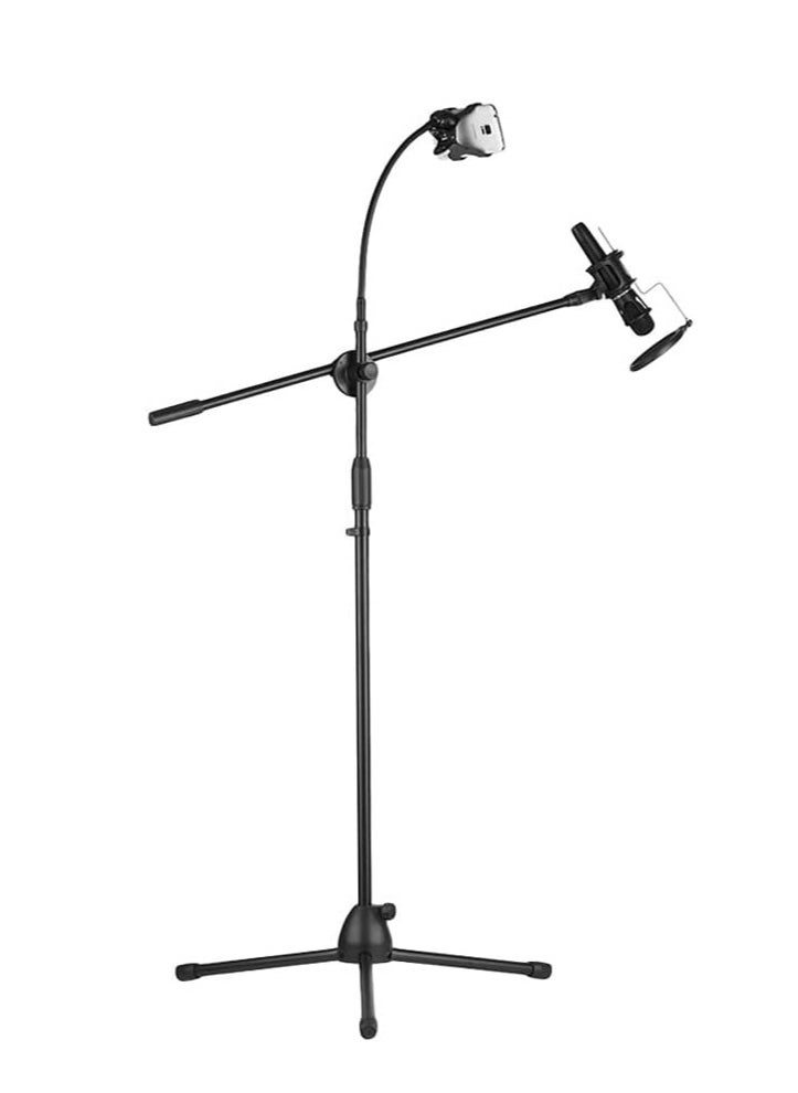 Metal Microphone Floor Stand Tripod Adjustable Height with Boom Arm 1 Mic Holders & 1 Smartphone Holder for Studio Outdoor Cellphone Live Streaming (2 in 1 microphone stand)