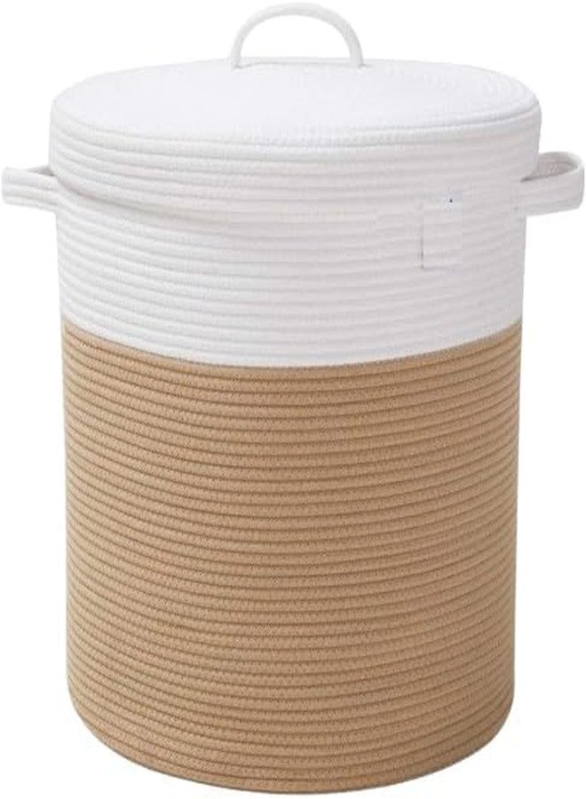 SJ CREATION Large Storage Basket With Lid, Cotton Rope Storage Baskets, Laundry Hamper, Blankets Pillows Storage In Living Room Baby Nursery 13x15 inch (Beige White)
