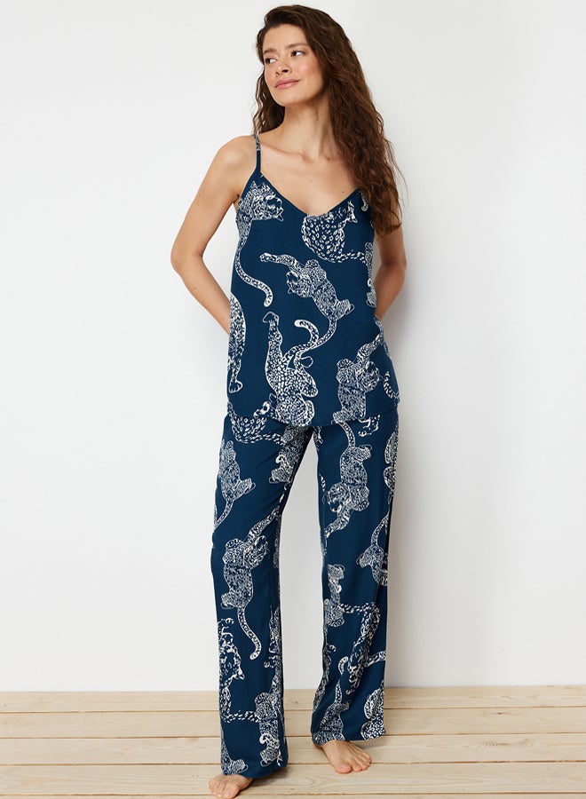 trendyol Blue Tiger Patterned Rope Suspender Viscose Woven Pajama Set - Image 1
