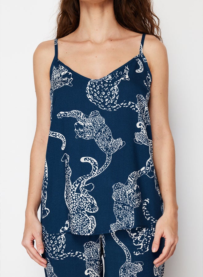 trendyol Blue Tiger Patterned Rope Suspender Viscose Woven Pajama Set - Image 4