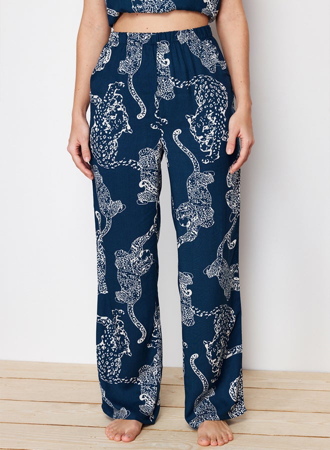 trendyol Blue Tiger Patterned Rope Suspender Viscose Woven Pajama Set - Image 5