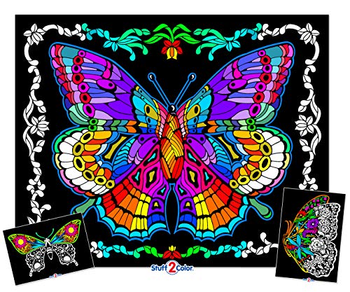 Stuff2Color Geo Butterfly - Fuzzy Coloring Poster - Includes 3 Designs to Color (1 Large, 2 Small) - for Kids, Toddlers, Kids, Teens and Adults [Beautiful Arts and Crafts Project for All Ages] - Image 1