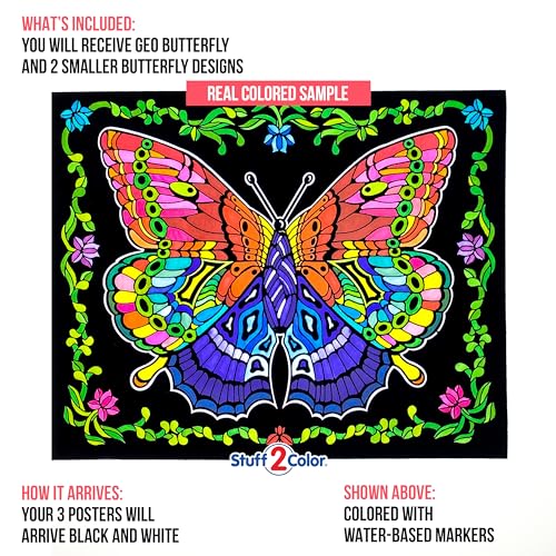Stuff2Color Geo Butterfly - Fuzzy Coloring Poster - Includes 3 Designs to Color (1 Large, 2 Small) - for Kids, Toddlers, Kids, Teens and Adults [Beautiful Arts and Crafts Project for All Ages] - Image 3