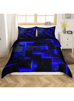 Erosebridal Black Navy Blue Abstract Comforter Cover Gradient Square Bed Set Geometry Grid King Duvet Cover Neon Checkered Bedding Set King Glowing Plaid Bedspread Cover Modern Room Decor 3pcs (Black Reversible)  - Image 1