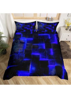 Erosebridal Black Navy Blue Abstract Comforter Cover Gradient Square Bed Set Geometry Grid King Duvet Cover Neon Checkered Bedding Set King Glowing Plaid Bedspread Cover Modern Room Decor 3pcs (Black Reversible)  - Image 3