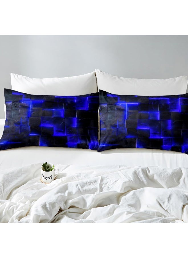 Erosebridal Black Navy Blue Abstract Comforter Cover Gradient Square Bed Set Geometry Grid King Duvet Cover Neon Checkered Bedding Set King Glowing Plaid Bedspread Cover Modern Room Decor 3pcs (Black Reversible)  - Image 4