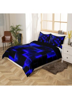 Erosebridal Black Navy Blue Abstract Comforter Cover Gradient Square Bed Set Geometry Grid King Duvet Cover Neon Checkered Bedding Set King Glowing Plaid Bedspread Cover Modern Room Decor 3pcs (Black Reversible)  - Image 2