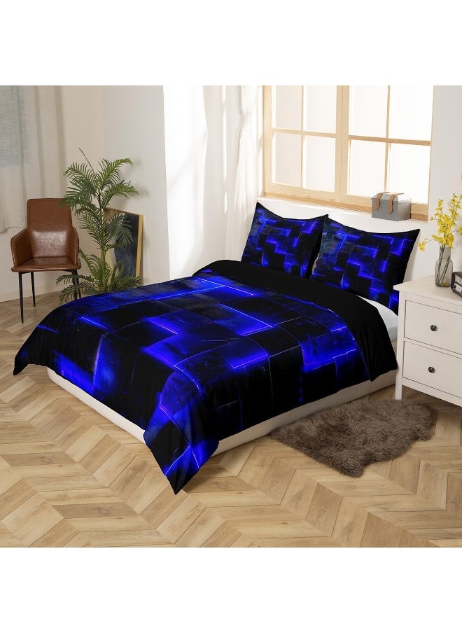Erosebridal Black Navy Blue Abstract Comforter Cover Gradient Square Bed Set Geometry Grid King Duvet Cover Neon Checkered Bedding Set King Glowing Plaid Bedspread Cover Modern Room Decor 3pcs (Black Reversible)  - Image 2