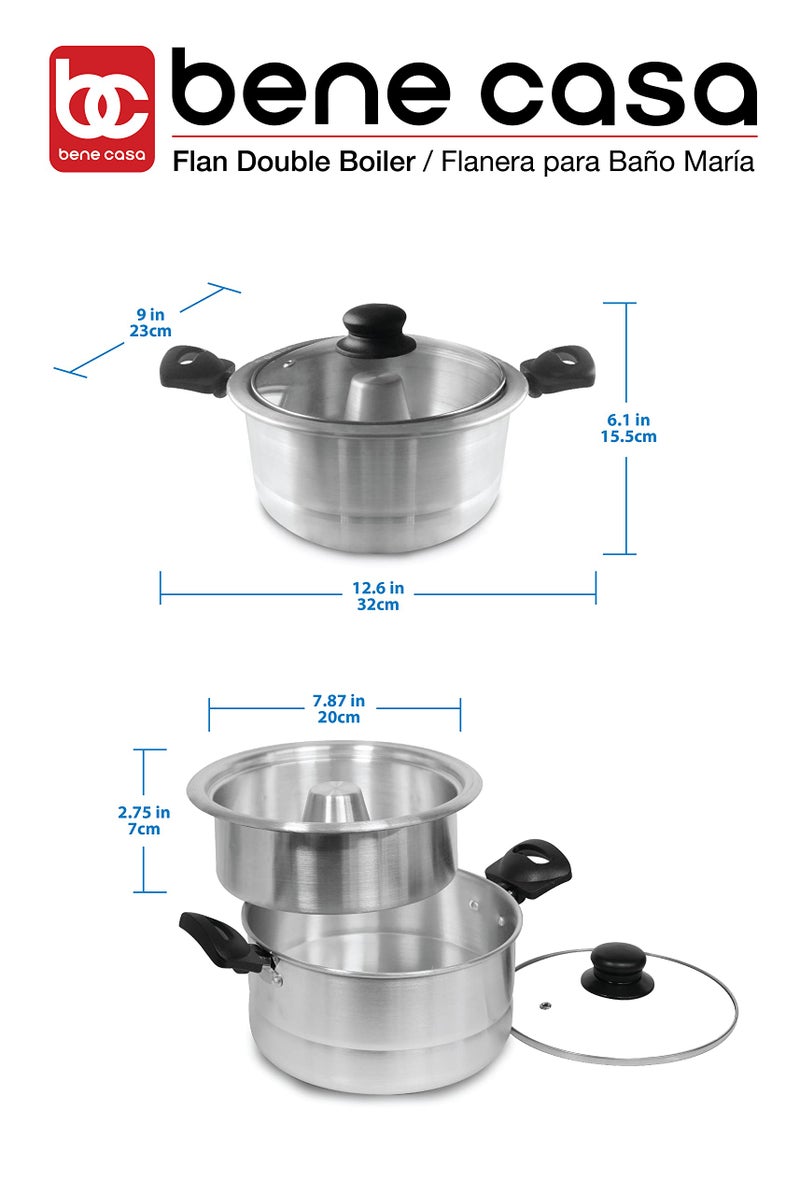 Bene Casa - Aluminum Flan Mold Double Boiler with Glass Lid (1.6 Liter) - Includes Aluminum Inner Pan (8") - Dishwasher Safe - Image 2
