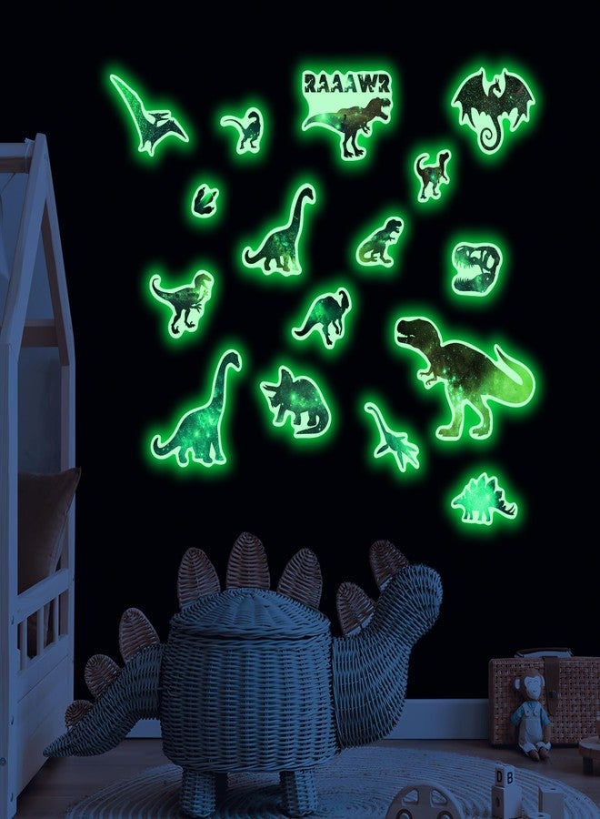 Robmoda Glow in The Dark Dinosaurs Wall Decals, Glitter Dino Stickers for Boys Room, Luminous Stars Ceiling Decor for Bedroom Playroom Nursery - Image 1