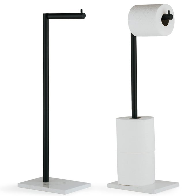 FREE STANDING MATTE BLACK TOILET PAPER HOLDER STAND WHITE MARBLE BASE AND STORAGE 4 JUMBO ROLL BATHROOM HARDWARE TOILET TISSUE ORGANIZER STAINLESS STEEL BATHROOM DECOR ACCESSORY