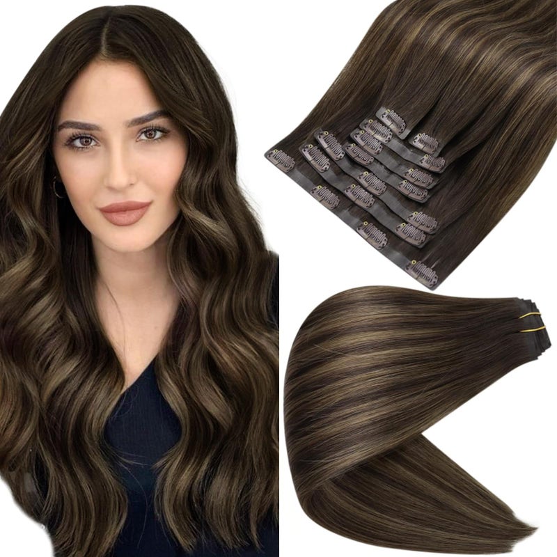 Full Shine Real Hair Clip in Extensions Human Hair Balayage Dark Brown to Ash Brown Highlights Hair Extension Clip ins with Thick Ends for Women Add Volume 18 Inch 120 Grams 8 PCS