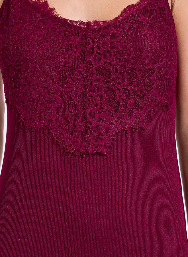 Styli Burgundy Rib Lace Detail Lettuce Hem Slip Dress - Image 3