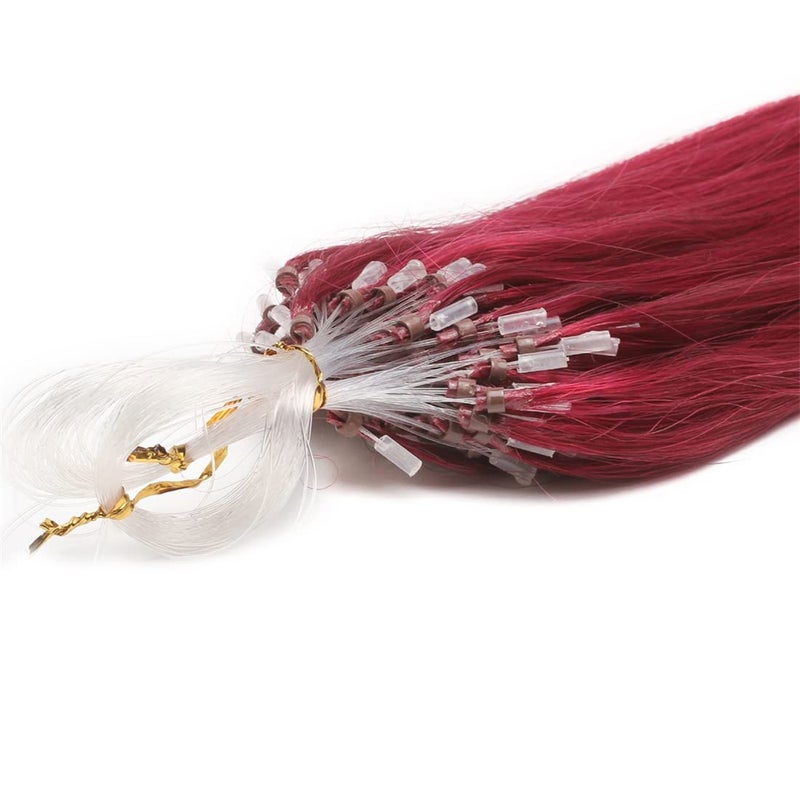 Micro Beads Link Hair Extensions Real Human Hair Burgundy Color Easy Loop Micro Ring Tip Brazilian Remy Hair Solid Color Bright Wine Red Colorful Hair Cold Fusion MicroLink Straight Hair 16 Inch 100strands