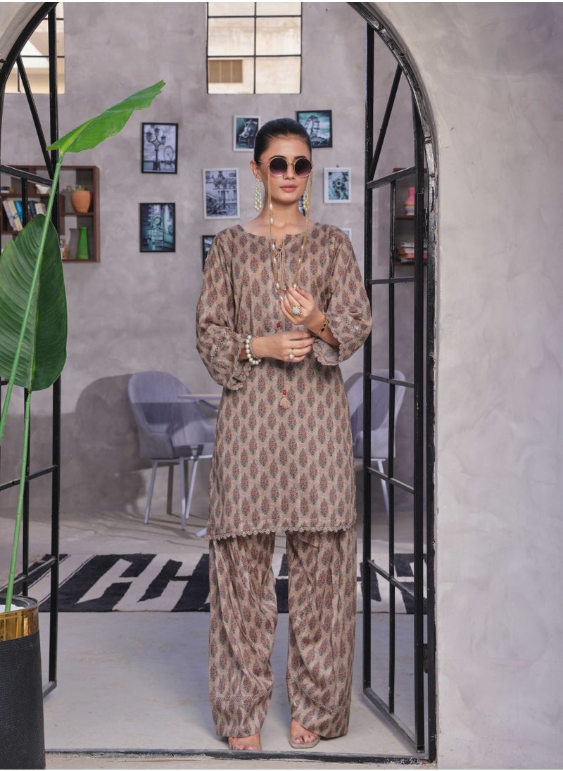 SAPHRON Retro Charm – Stitched Pakistani Lawn 2PC with Elegant Farshi Shalwar  - Image 1