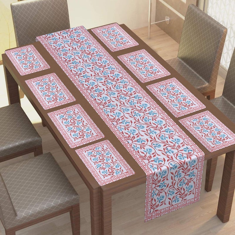 TEXSTYLERS 100 Cotton Canvas Block Printed Jaipuri 1 Table Runner and 8 Placemat Set Pink Peach
