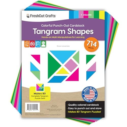 FreshCut Crafts 714 Pcs Tangram Shapes Easy Punch-Out Math Manipulatives for Learning Multicolor Triangles, Squares, Parallellograms Easy-Punch Paper Shape Cutouts in 7 Bright Colors US Made Card Stock - Image 1