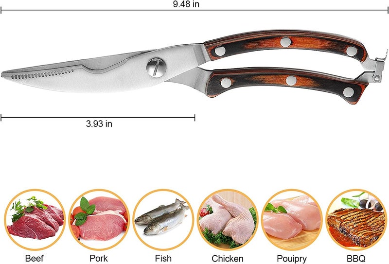 Trifecta Heavy Duty Stainless Steel Poultry Shears For Bone, Chicken, Meat, Fish, Seafood, Vegetables. Premium Spring Loaded Food Scissors. All metal Kitchen Shears(Wooden) - Image 2