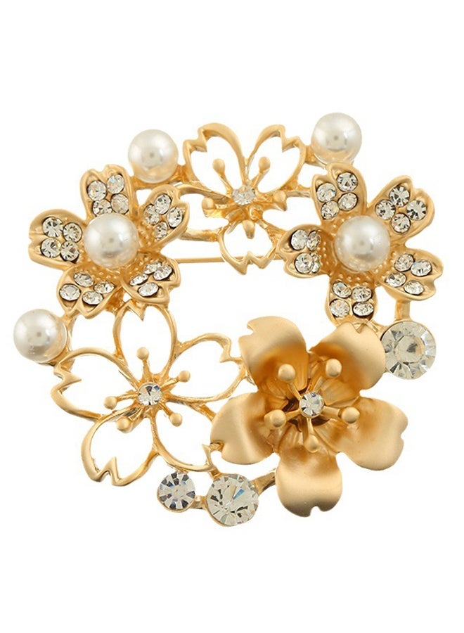HY Flower Pearl Studded Brooch Pin for Women, Crystal Gold Hollow Out Flower Brooch Wedding Party Clothes Accessories - Image 1