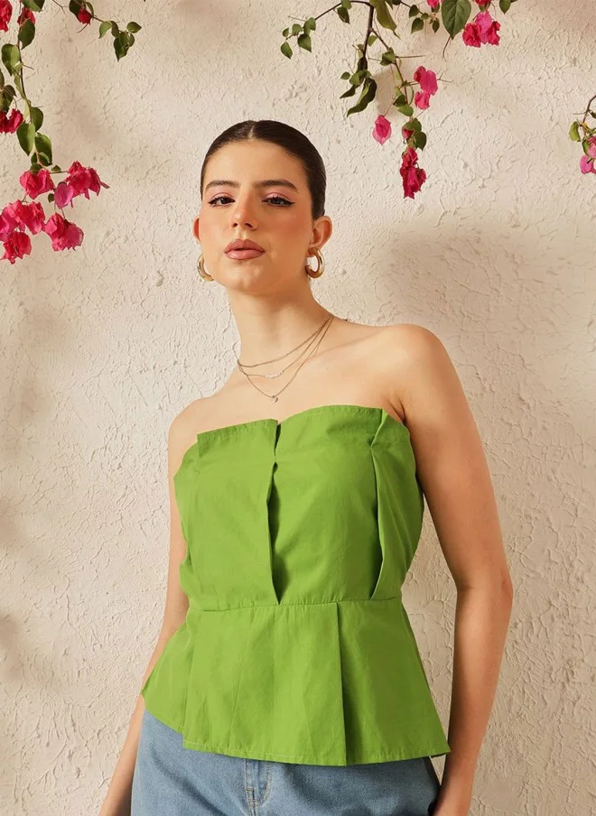 STREET 9 Strapless Green Cotton Peplum Top for Women