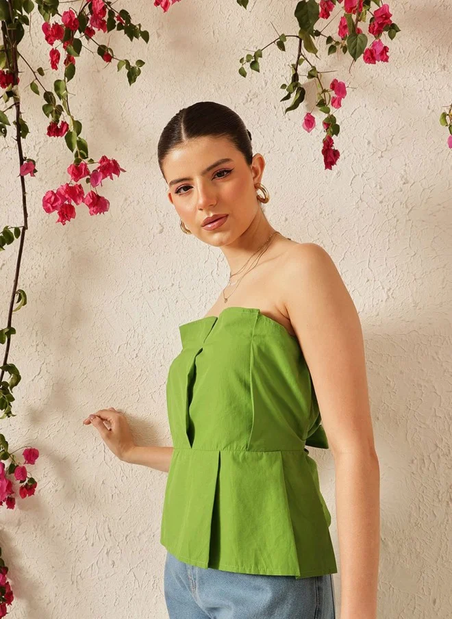 STREET 9 Strapless Green Cotton Peplum Top for Women