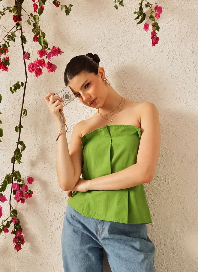 STREET 9 Strapless Green Cotton Peplum Top for Women