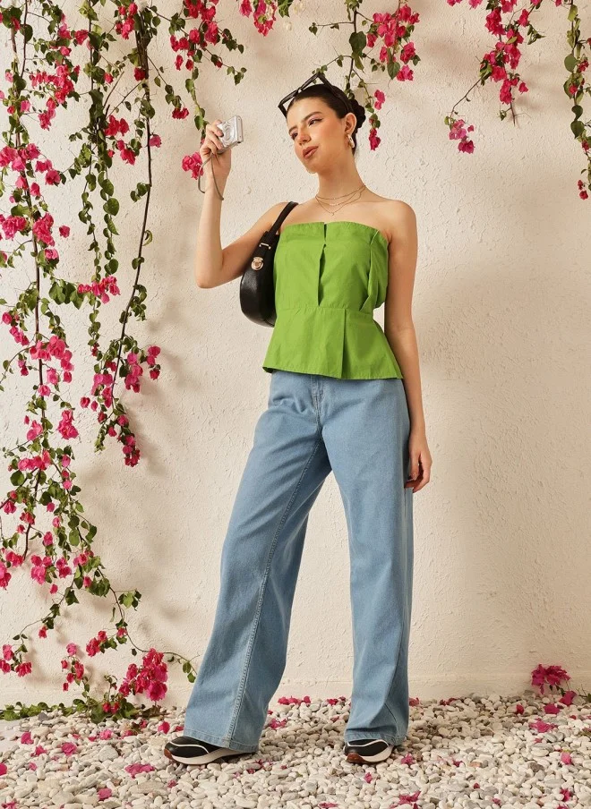 STREET 9 Strapless Green Cotton Peplum Top for Women
