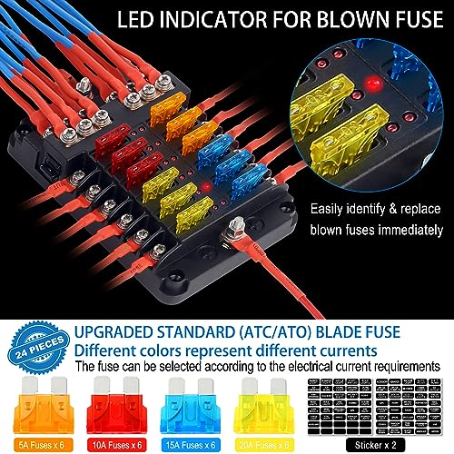 cyrico Fuse Block, 12v Fuse Box Holder with Led Indicator Waterproof Cover, Cyrico 12 Circuits Fuse Panel with Negative Bus for 12V/24V Automotive Car Truck Boat Marine Rv Trailer, 24 Pcs Blade Fuses - Image 4