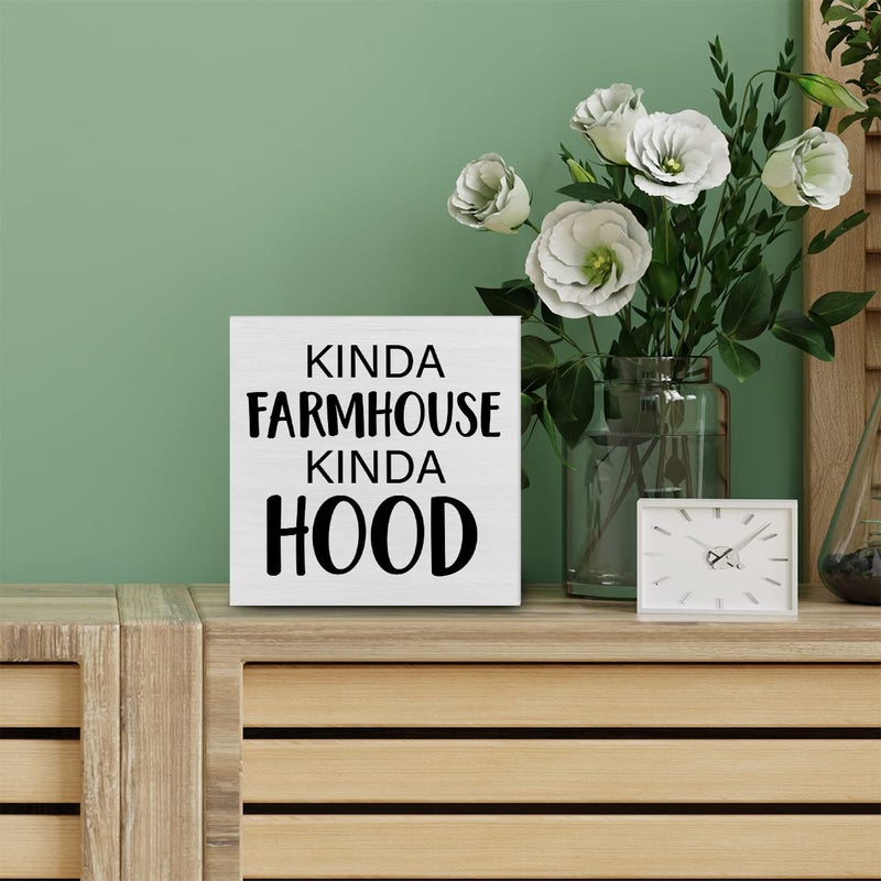 PIXCEOS Home Decorative Wooden Box Sign Kinda Farmhouse Kinda Hood Wood Block Plaque Decor Modern Shelf or Wall Display for Living Room Bedroom - Image 4