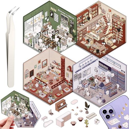 Draupnir ملصقات منزلية ثلاثية الأبعاد DIY، مجموعة 4 ملصقات ممتعة DIY لصنع منزلك الدافئ، سوبر ماركت، مقهى، بار موسيقي، ملصق مشهد كرتوني ثلاثي الأبعاد لطيف للكبار والأطفال لتخفيف التوتر وقضاء الوقت - Image 1