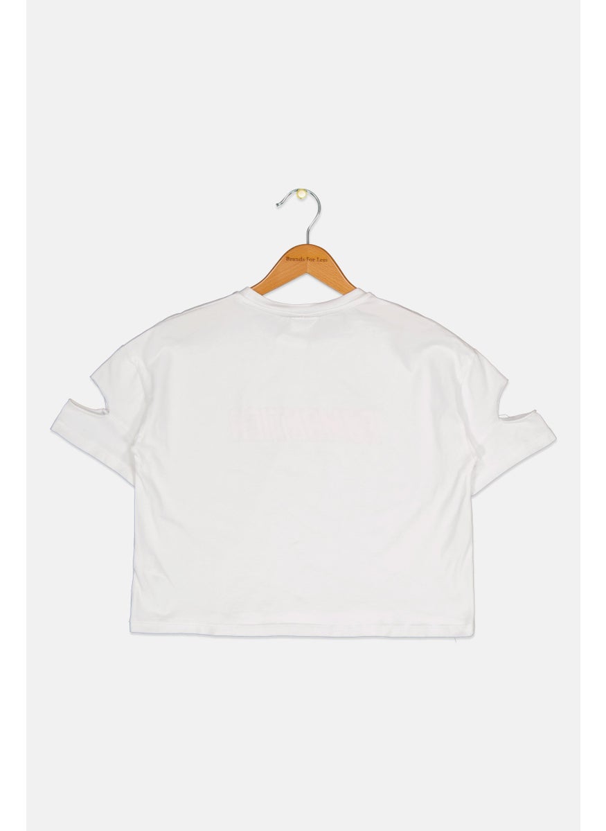 Gaelle Paris Kids Girl Crew Neck Cold Shoulder Graphic Print T-Shirt, White  - Image 2