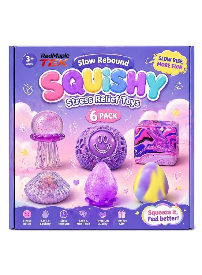RedMapleTEK 6 Pack Squishy Stress Relief Toys, Slow Rebound Sensory Fidget Toys Set, Cute Squeeze Toys for Kids & Adults - Image 1