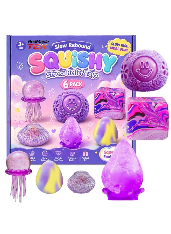 RedMapleTEK 6 Pack Squishy Stress Relief Toys, Slow Rebound Sensory Fidget Toys Set, Cute Squeeze Toys for Kids & Adults - Image 2