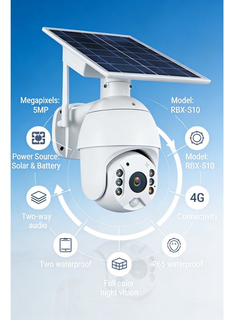 كروني كاميرا CRONY RBX-S10 الشمسية منخفضة الطاقة بتقنية 4G، بدقة 5 ميجابكسل ووضوح 1080 بكسل، مزودة بلوحة شمسية، مقاومة للماء، كاميرا مراقبة خارجية، كاميرا CCTV ذكية للمنزل الذكي، مزودة بخاصية إنذار صوتي ثنائي الاتجاه ضد التسلل - Image 1