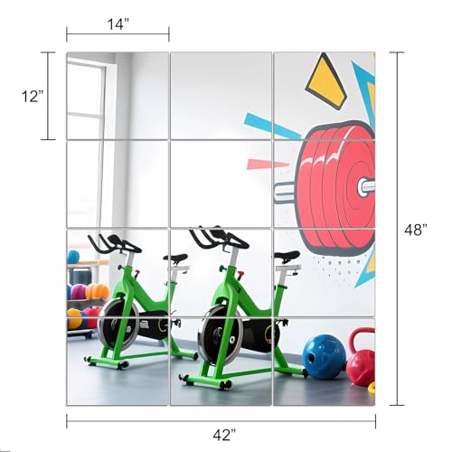 Ruomeng Gym Mirror Tiles - 14" x 12" x 12Pcs Wall Mounted Mirror Glass Frameless Full Length Mirror Tiles for Home Gym, Bedroom, Door & Bathroom - Image 3