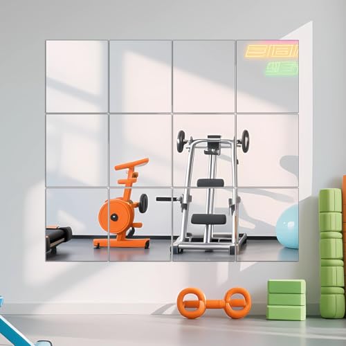 Ruomeng Gym Mirror Tiles - 14" x 12" x 12Pcs Wall Mounted Mirror Glass Frameless Full Length Mirror Tiles for Home Gym, Bedroom, Door & Bathroom - Image 4