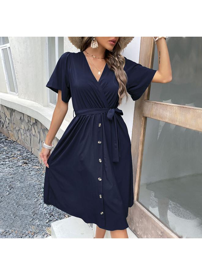 Independent Station Summer New European And American Solid Color Women's V-neck Short Sleeve Lace Dress For Women