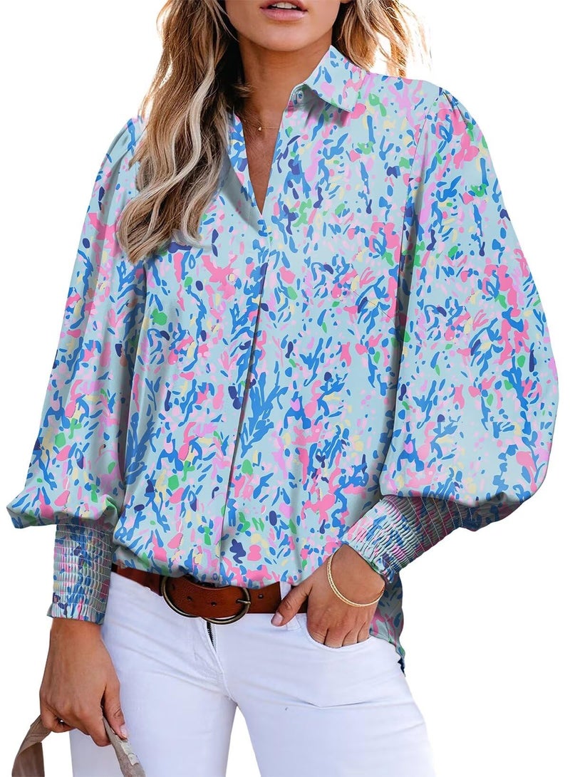Astylish Boho Tops for Women Puff Sleeve Blouse Soft Summer Classy V-Neck Chiffon Paisley Oversized Button Down Shirt Dressy Blue X-Large - Image 1