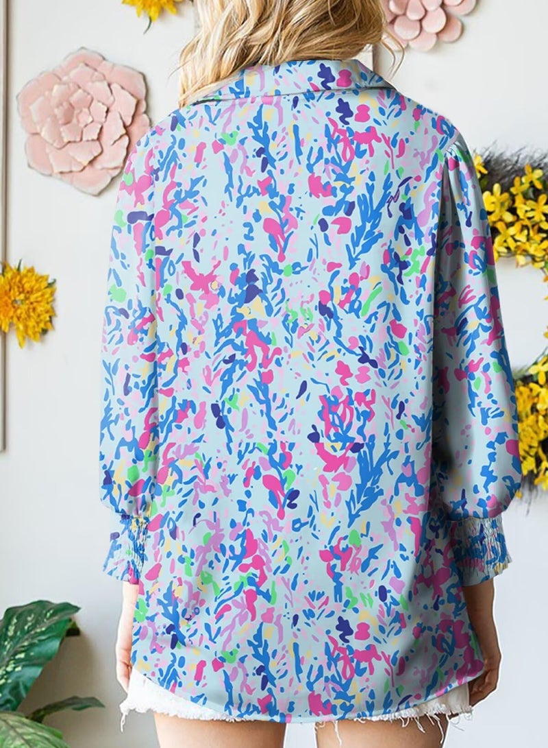 Astylish Boho Tops for Women Puff Sleeve Blouse Soft Summer Classy V-Neck Chiffon Paisley Oversized Button Down Shirt Dressy Blue X-Large - Image 3