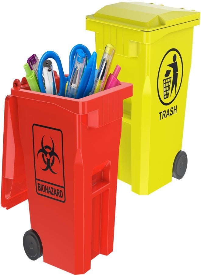 Wiosi Mini Biohazard Containers Pen Holder and Unique Tiny Garbage Trash Can with Lid Pencil Cup Desktop Organizer Red Yellow 2-Pack - Image 1