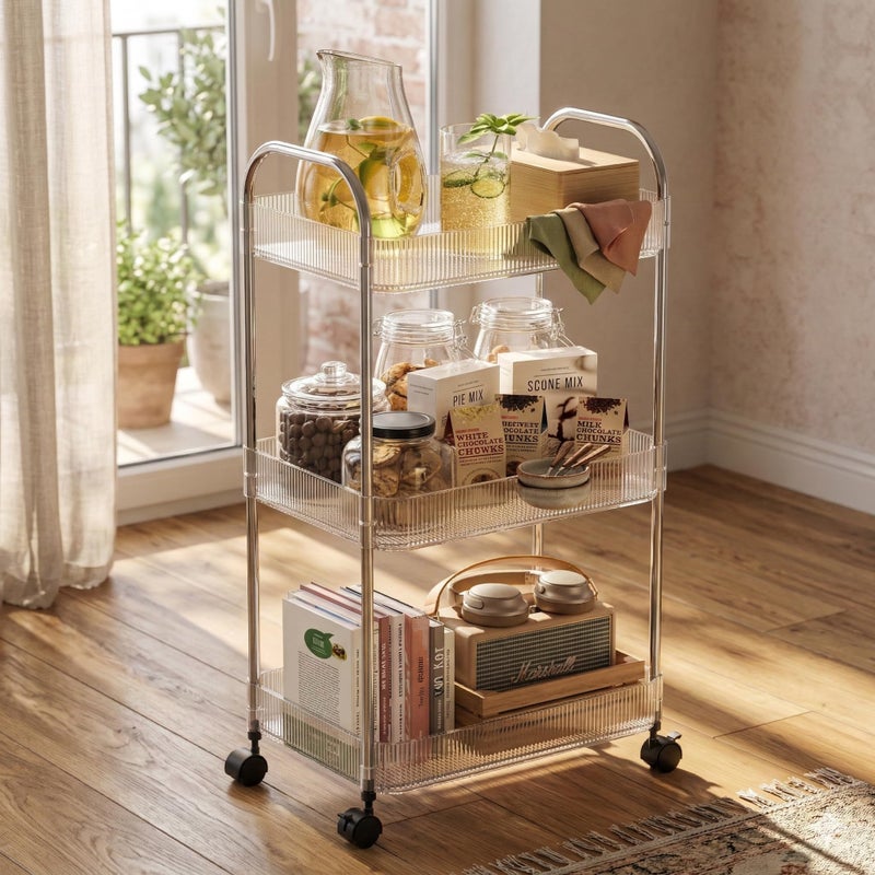 STARLATTA 3 Tier Rolling Cart with Lockable Wheels, Clear Acrylic Utility Trolley with Handle, Heavy-Duty Storage Organizer for Kitchen Bathroom Nursery Laundry - Snack Book Craft Organizer (Clear) - Image 1