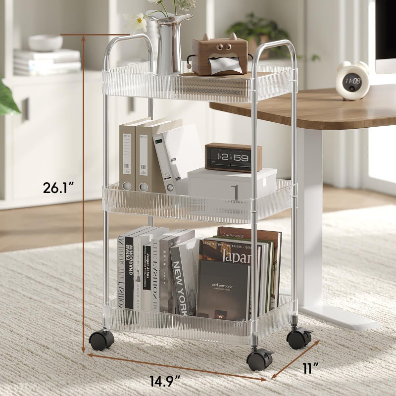 STARLATTA 3 Tier Rolling Cart with Lockable Wheels, Clear Acrylic Utility Trolley with Handle, Heavy-Duty Storage Organizer for Kitchen Bathroom Nursery Laundry - Snack Book Craft Organizer (Clear) - Image 3