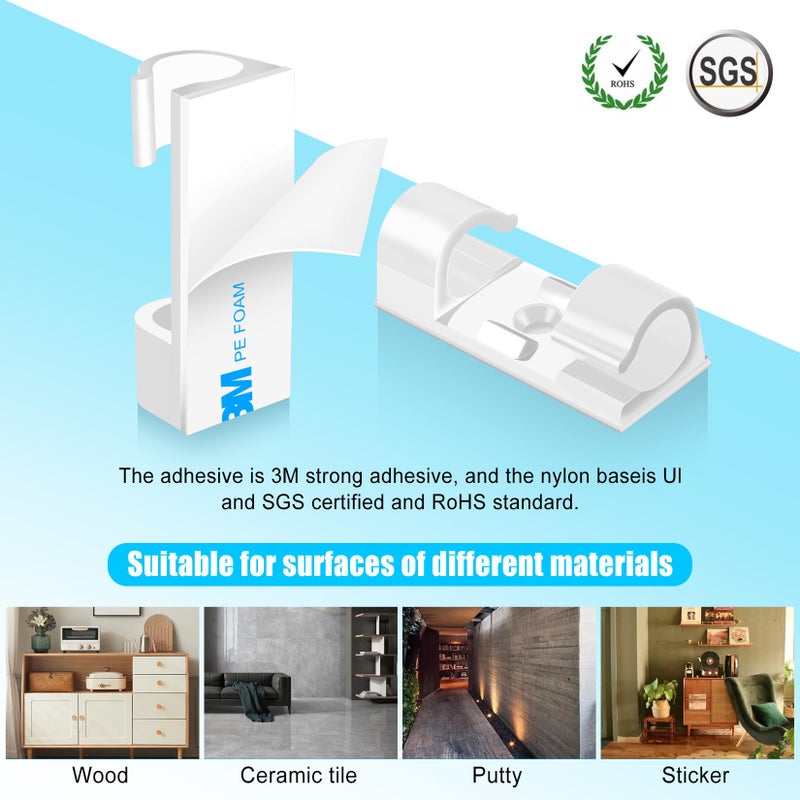 XHF 35pcs Large Self Adhesive Cable Clips White,Wire Clips Cable Management Wire Organizer Cord Holder for Under Desk, Car, Wall, TV PC Ethernet Cable - Image 2