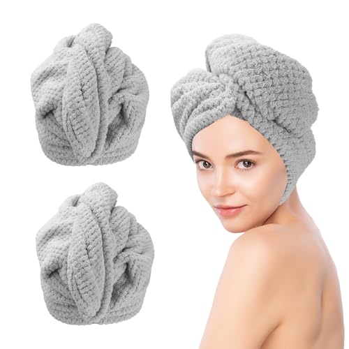 VToALARD Microfiber Hair Towel Wrap for Women 2 Pack Hair Wrap Towels Anti Frizz Large Hair Drying Towel with Button Grey Hair Turban Towel for Curly Hair Straight Wavy Wet Hairs Quick Dry Hair Towel for Girl - Image 1