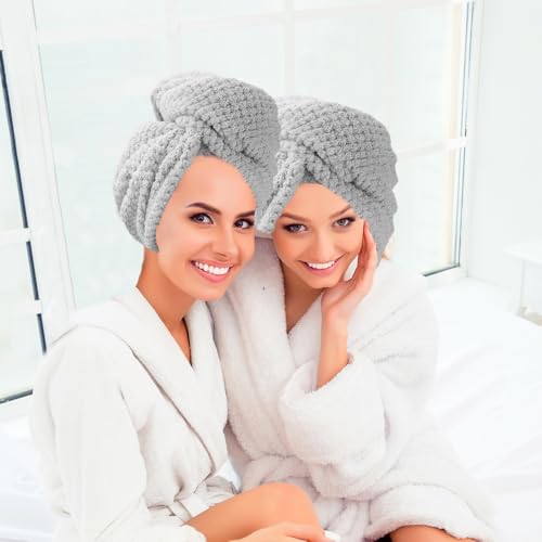 VToALARD Microfiber Hair Towel Wrap for Women 2 Pack Hair Wrap Towels Anti Frizz Large Hair Drying Towel with Button Grey Hair Turban Towel for Curly Hair Straight Wavy Wet Hairs Quick Dry Hair Towel for Girl - Image 5