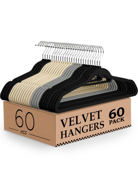 60 pcs Velvet Hangers Black Grey Ivory Colors with 360 Degree Rotatable Hook, Heavy Duty Non-Slip Clothes Felt Hangers for Wardrobe Shirt Pant Skirt Coats Dresses Jackets Hoodies