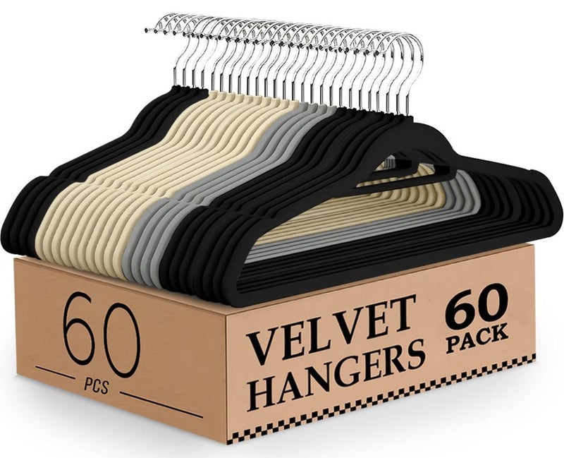 AMROAH 60 pcs Velvet Hangers Black Grey Ivory Colors with 360 Degree Rotatable Hook, Heavy Duty Non-Slip Clothes Felt Hangers for Wardrobe Shirt Pant Skirt Coats Dresses Jackets Hoodies - Image 1